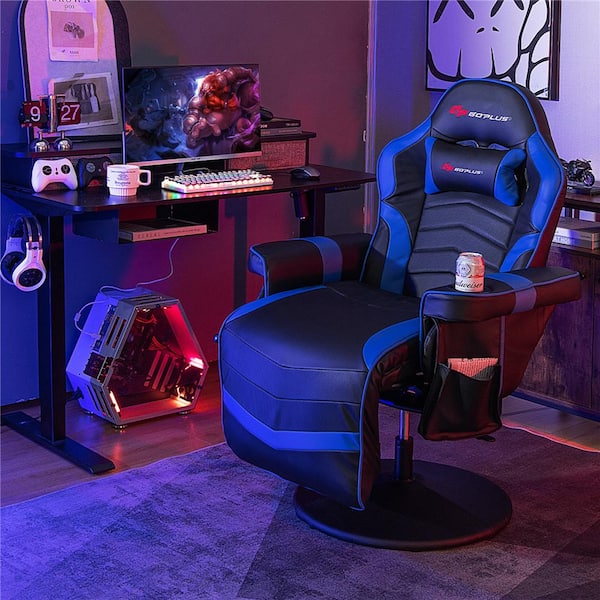 HOMCOM Recliner Chair with Ottoman, Video Gaming Chair, Racing Style  Upholstered Swivel Recliner with Footrest, Headrest and Lumbar Support,  Grey and Blue