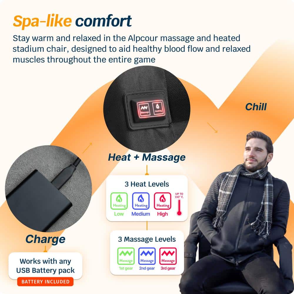 Black Heated Massage Reclining Stadium Seat with Armrests and Pockets