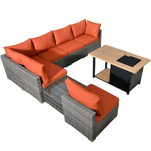 Messi Gray 8-Piece Wicker Outdoor Patio Conversation Sectional Sofa Set with a Storage Fire Pit and Orange Red Cushions
