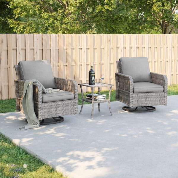 Sonkuki 3-Piece Gray Wicker Patio Swivel Rocking Chairs with Side Table Gray Cushion