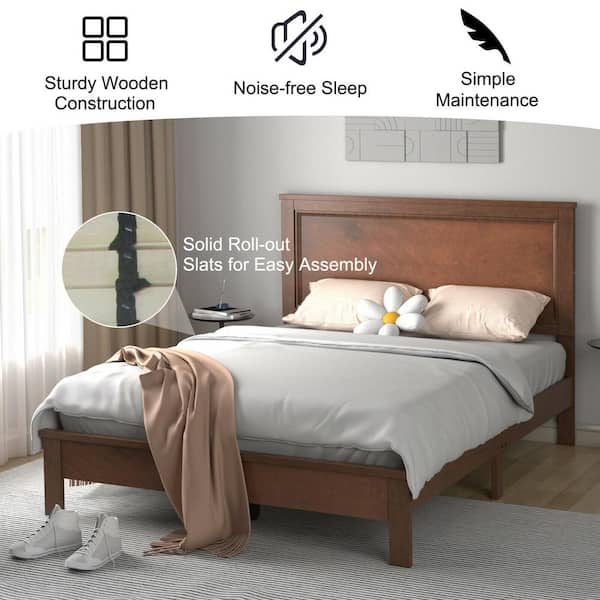 Walnut Wood Full Platform Bed Frame with Headboard No Box Spring Needed