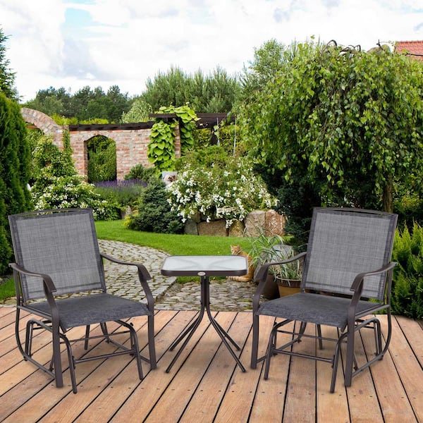 Sudzendf 3-Piece Metal Outdoor Bistro Set, Patio Glider Chairs Swing Chairs with Tempered Glass Coffee Table in Gray