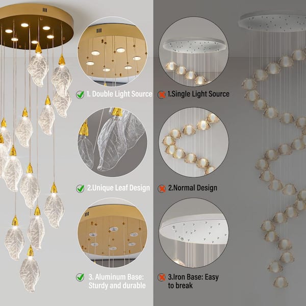 YUYI Modern 78 in. H 14-Light Integrated LED Gold Crystal