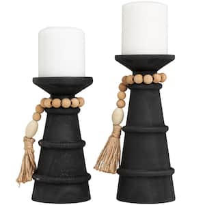 Black Wood Handmade Textured Matte Candle Holder with Beaded Garland Accent (Set of 2)