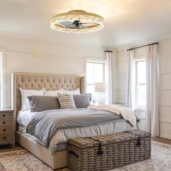Catilato 16 in. 20 in. Indoor Brass 32W Dimmable Crystal LED Ceiling Fan with Light and Remote for Low Profile Bedroom