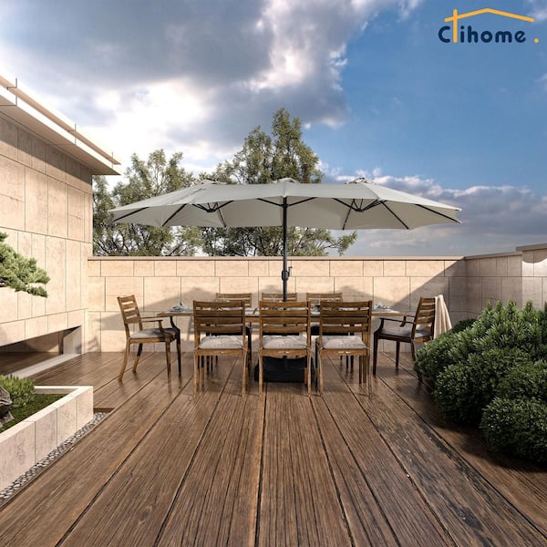 15 ft. Steel Patio Umbrella in Beige, with Base and Solar Lights, Weather-Resistant