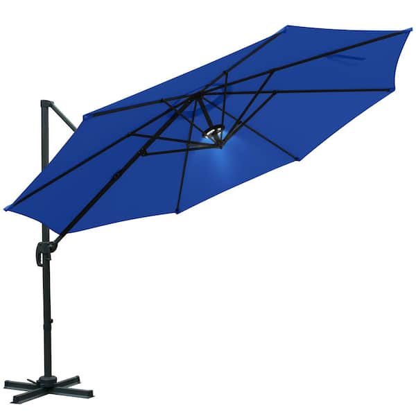 LAUREL CANYON 11.5 ft. Aluminum Offset Cantilever Adjustable Vertical Tilt Round Patio Umbrella with LED Light in Blue