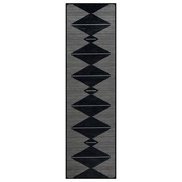 Aztec Stripe Machine Washable Polyester Non-Slip Backing 2 ft. x 6 ft. Black Area Rug