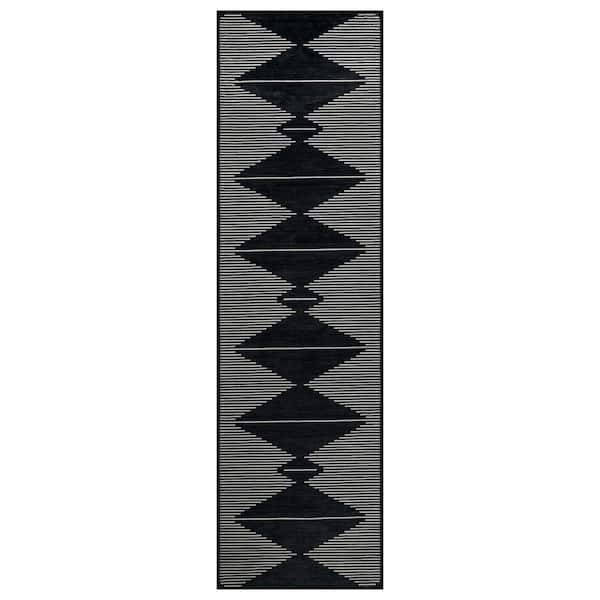 Aztec Stripe Machine Washable Polyester Non-Slip Backing 2 ft. x 8 ft. Black Area Rug