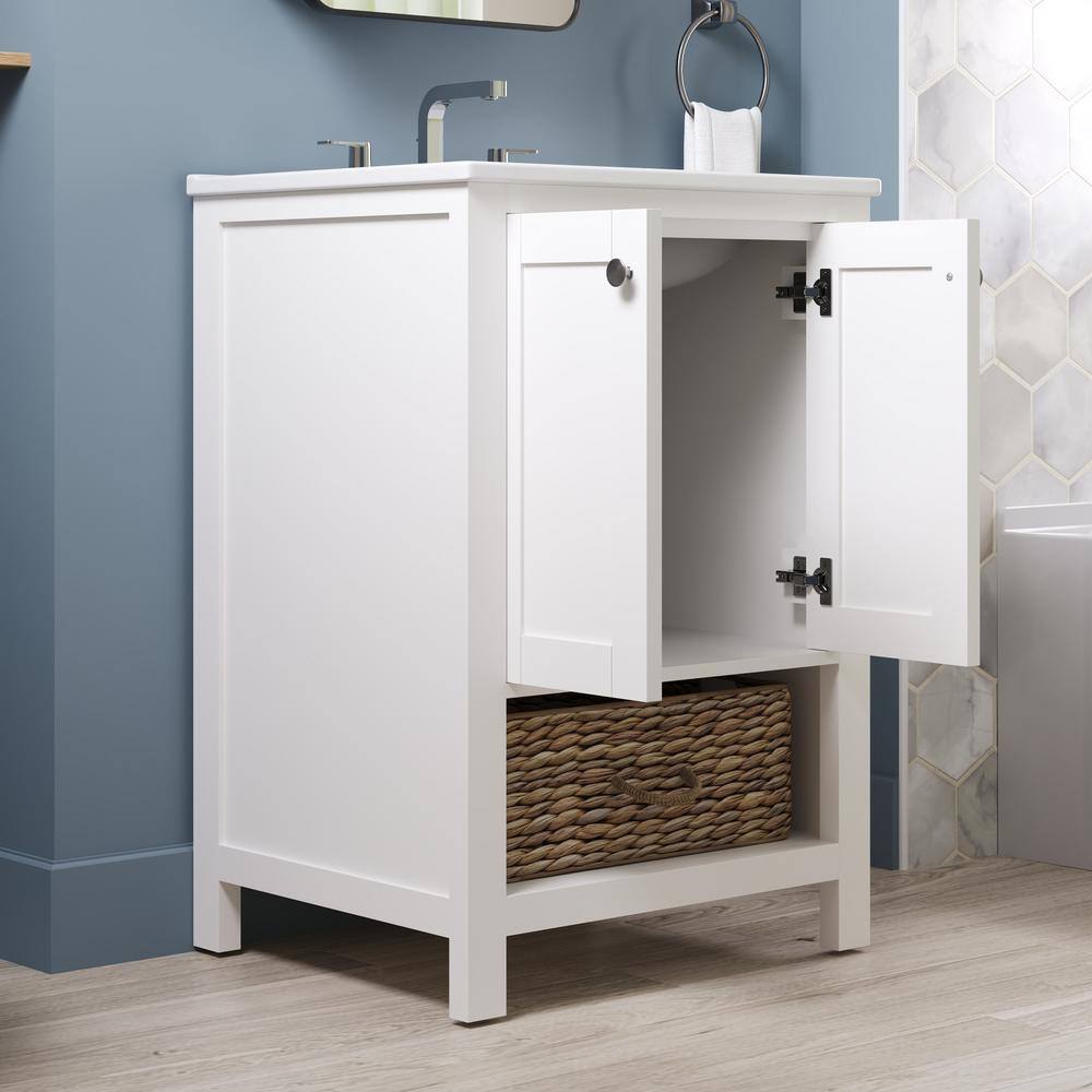 24" White Freestanding Bathroom Vanity with Ceramic Top and Woven Basket