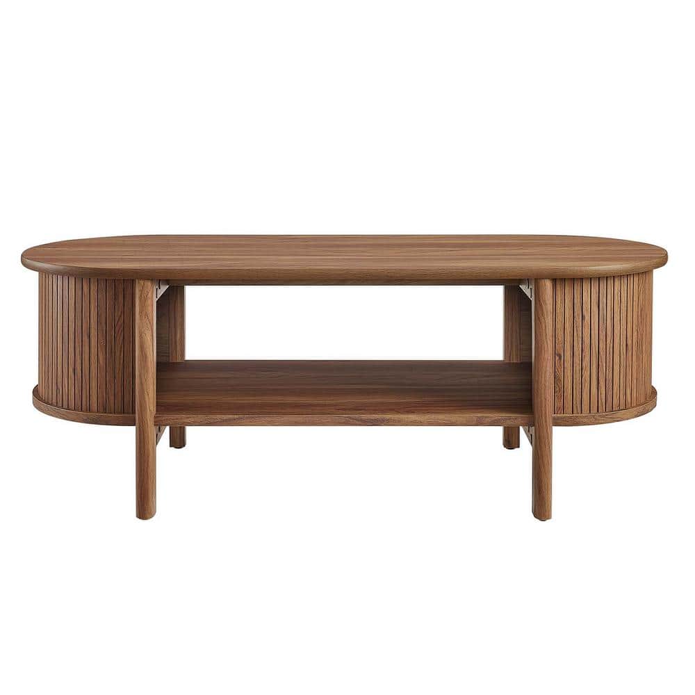 Walnut Oval Coffee Table with Open Storage and Fluted Sides