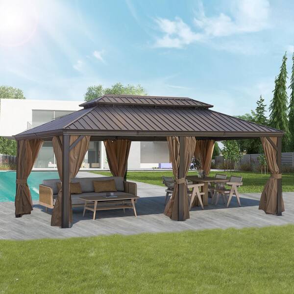 12 ft. x 20 ft. Bronze Steel Outdoor Permanent Hardtop Gazebo Canopy FF ...