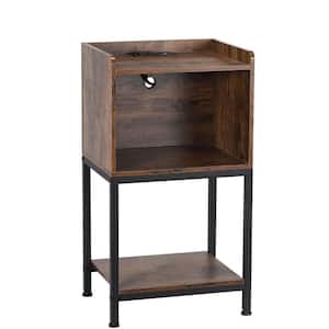 15.75 in. Brown Wood End Table 2-Tier with Charging Station, Narrow Side Table with Drawer