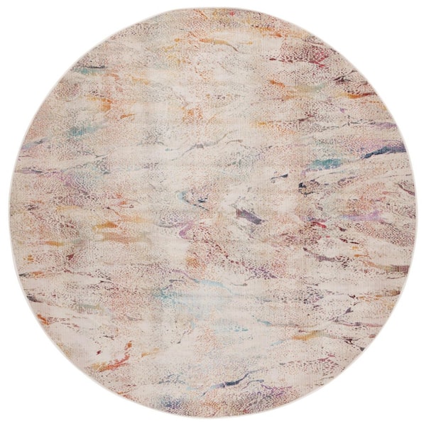 Rainbow Ivory/Blue Gold 7 ft. x 7 ft. Faded Abstract Round Indoor/Outdoor Area Rug