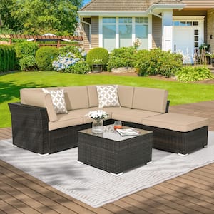 4-Pieces Rattan Wicker Patio Conversation Furniture with Beige Cushions and Coffee Table