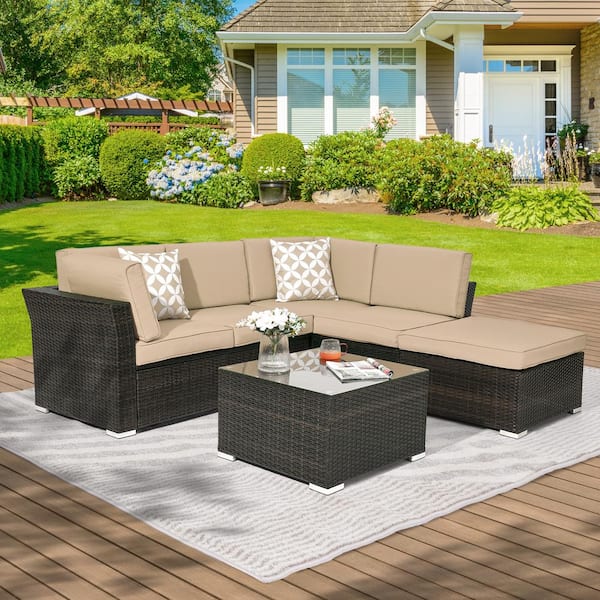 Sonkuki 4-Pieces Rattan Wicker Patio Conversation Furniture with Beige Cushions and Coffee Table