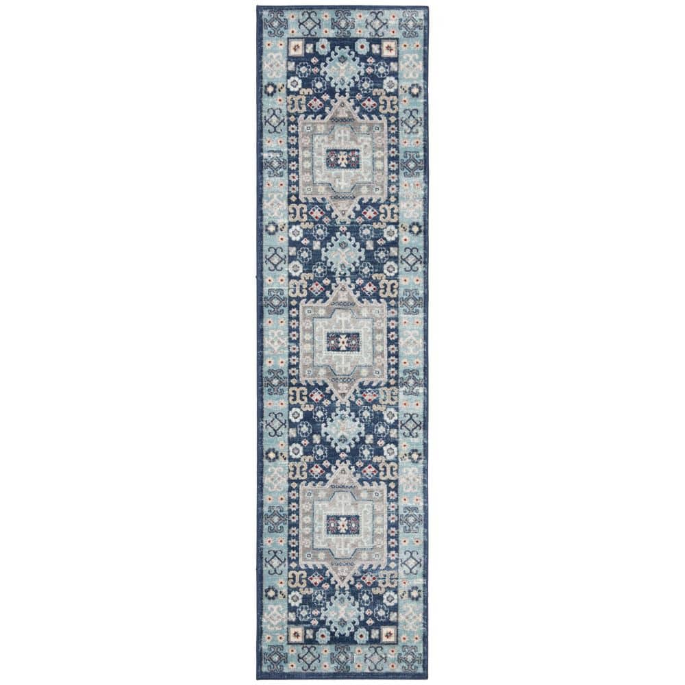 Blue and Cream Geometric Synthetic Runner Rug 2' x 8'