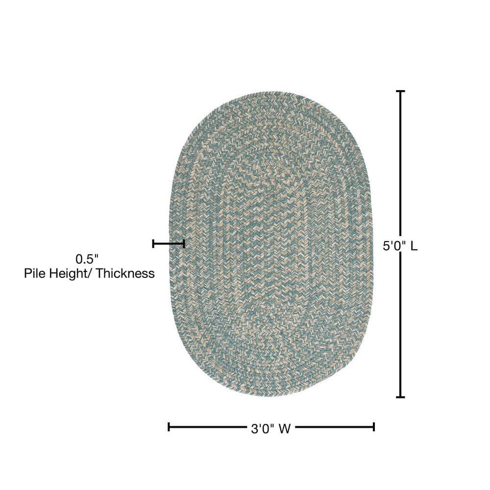 Teal and Neutral Oval Braided Wool Blend Area Rug 3'x5'