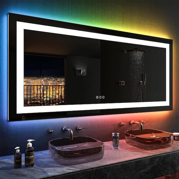 KIOTEE 60 in. W x 30 in. H Rectangular Frameless LED Frontlit, RGB Backlit Anti-Fog Tempered Glass Wall Bathroom Vanity Mirror