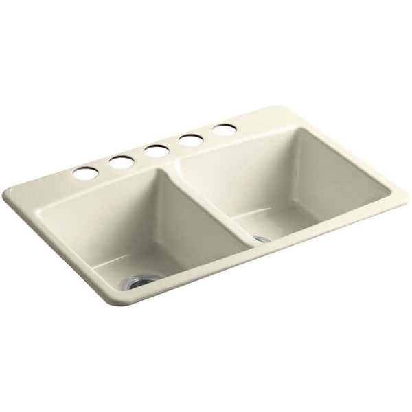 KOHLER Brookfield Undermount Cast Iron 33 in. 5-Hole Double Bowl Kitchen Sink in Cane Sugar