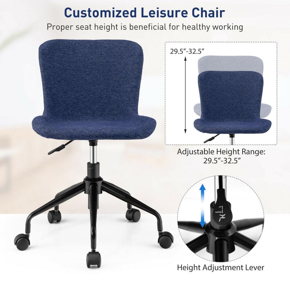 Mid Back Armless Office Chair Adjustable Swivel Linen Task Chair Blue - Thumbnail 5
