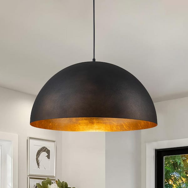 PCover Industrial 23.6 in. 1-Light Black Dome Pendant with Hand-Applied Gold Leaf Interior Kitchen Island Lighting