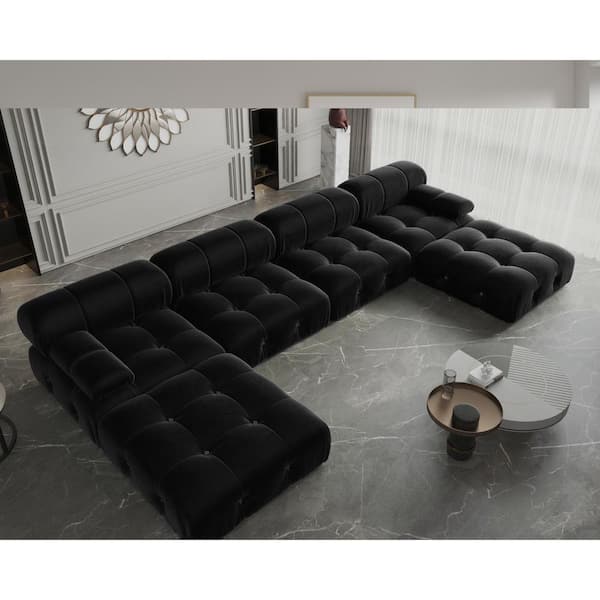 J&E Home 138 in. W Velvet 5 Seater Modular Free Combination Sofa with Ottoman in Black