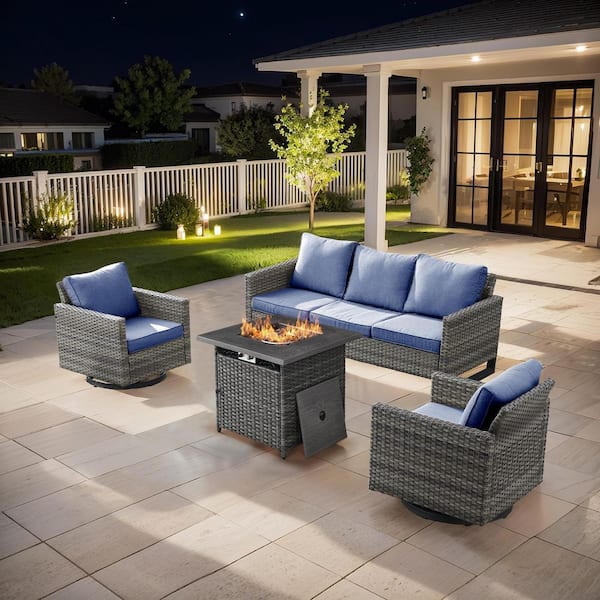 4-Piece Gray Wicker Fire Pit Conversation Set with Olefin Blue Cushions and U-Foot Swivel Glider Chairs