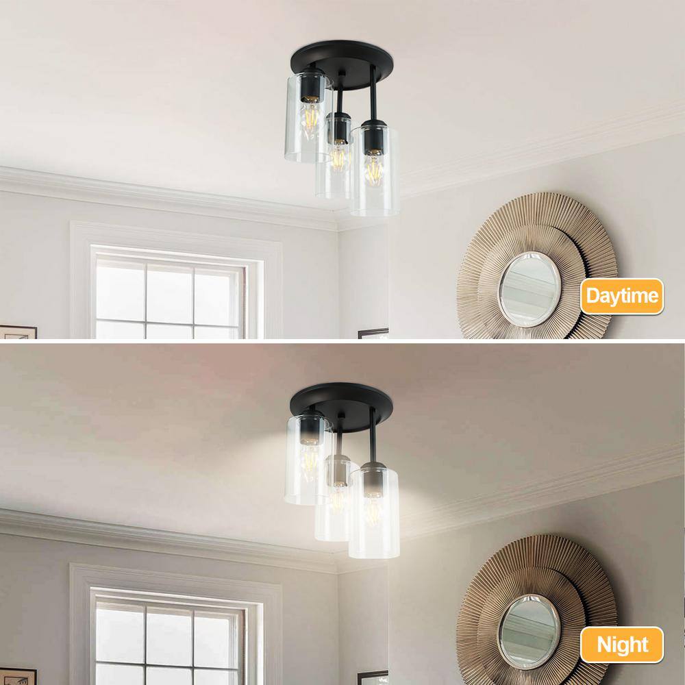 Black Metal 3-Light Flush Mount Ceiling Fixture with Clear Glass Shades