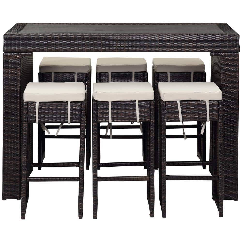 Brown and Sand Six-Seater Outdoor Rattan Bar Set