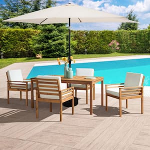 Okemo 6-Piece Set Wood Outdoor Dining Table Set with 4-Chairs with Cushions, 10 ft. Rectangular Umbrella Beige