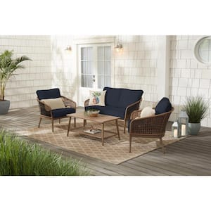 Coral Vista 4-Piece Brown Wicker and Steel Patio Conversation Seating Set with CushionGuard Midnight Navy Blue Cushions