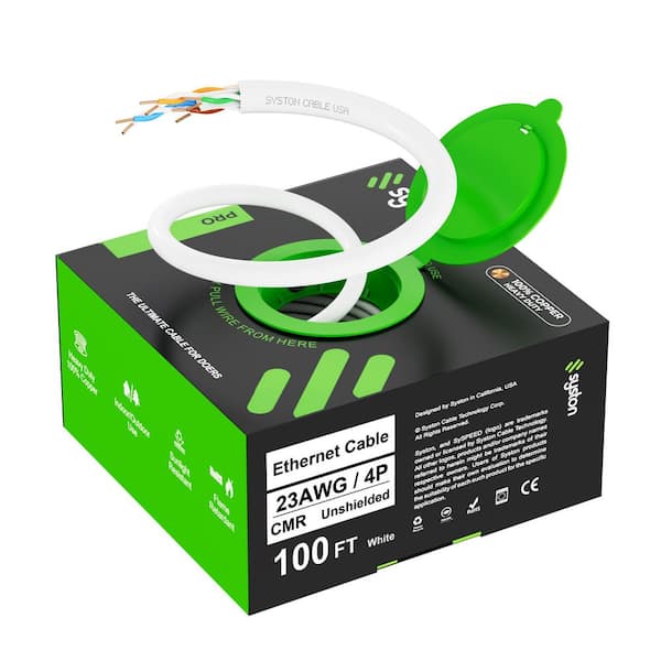 250 ft. White CMR Cat 6A+ 700 MHz 23 AWG Solid Bare Copper Ethernet Network Cable Data Wire-Bulk No Ends Heat Resistant