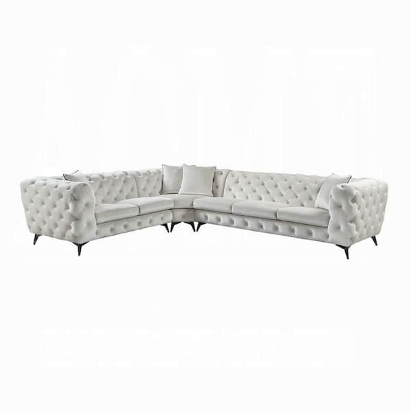108 in. Rolled Arms Fabric L-Shaped Sectional Sofa in Ivory White and Black