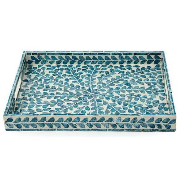 Unbranded Green Lacquer Mother of Pearl Inlay Mosaic Serving Tray (15.7 in. x 11.8 in. )