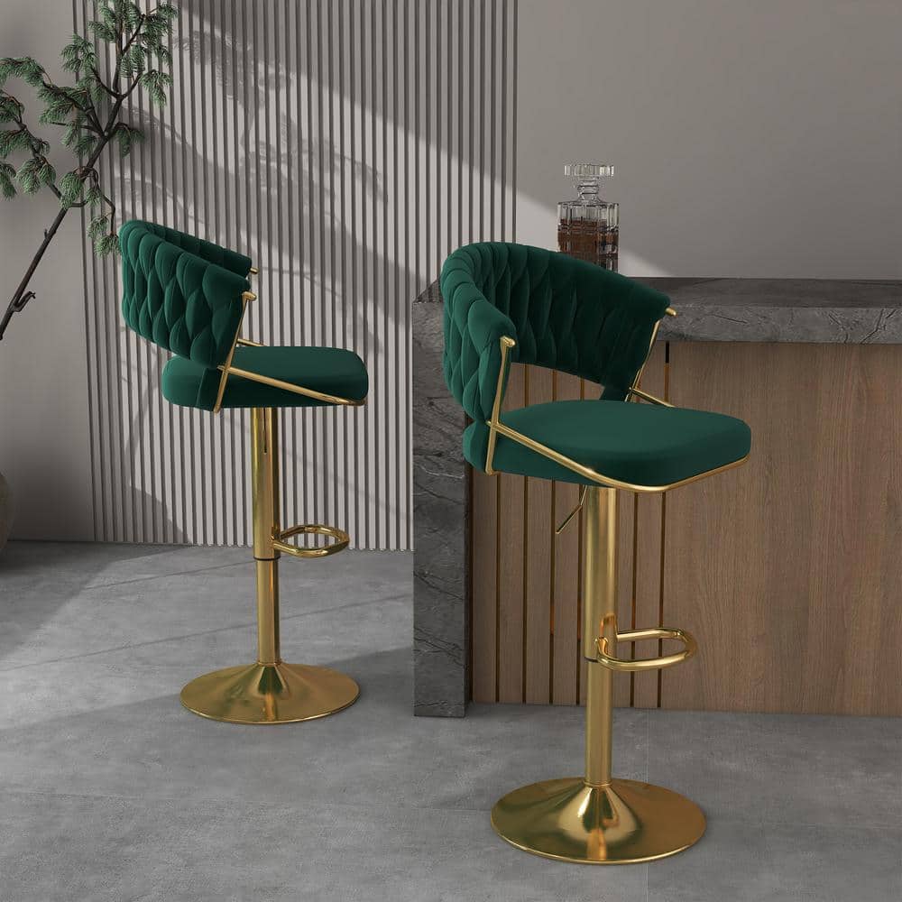 Emerald Green Velvet Adjustable Swivel Bar Stools with Gold Base, Set of 2