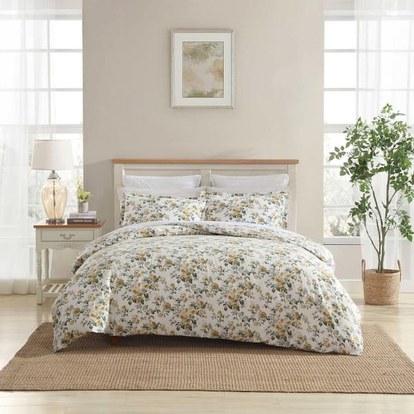 Laura Ashley Roses 3-Piece Gold/Green Cotton King Duvet Cover Set