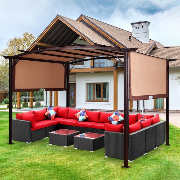 12 ft. x 9 ft. Beige Dark brown Black Outdoor Pergola Gazebo Canopy Sun Shelter with Steel Frame