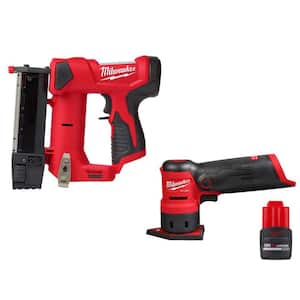 M12 23GA Pin Nailer with M12 FUEL Orbital Detail and M12 High Output CP2.5AH Battery