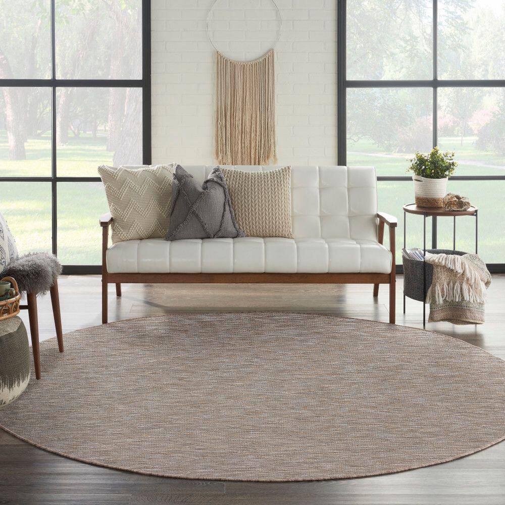 Grey Mocha Round Geometric Synthetic Washable Area Rug