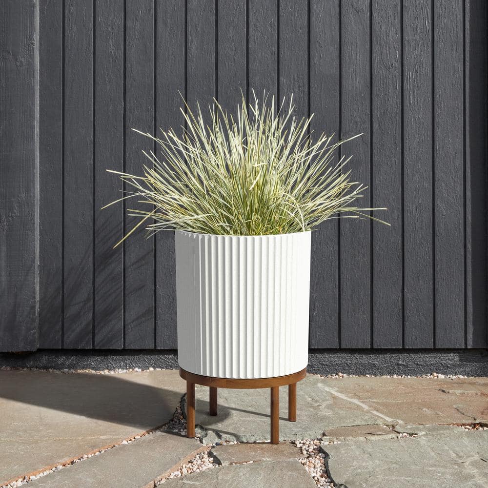 White Fluted Concrete-Composite Planter with Acacia Wood Stand