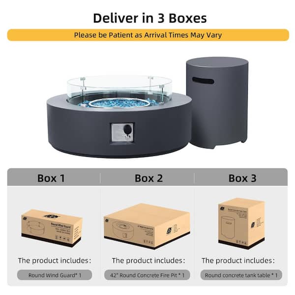 42 in. Dark Grey Magnesium Oxide Outdoor Round Gas Fire Pit Table with Gas Tank Cover and Wind Guard