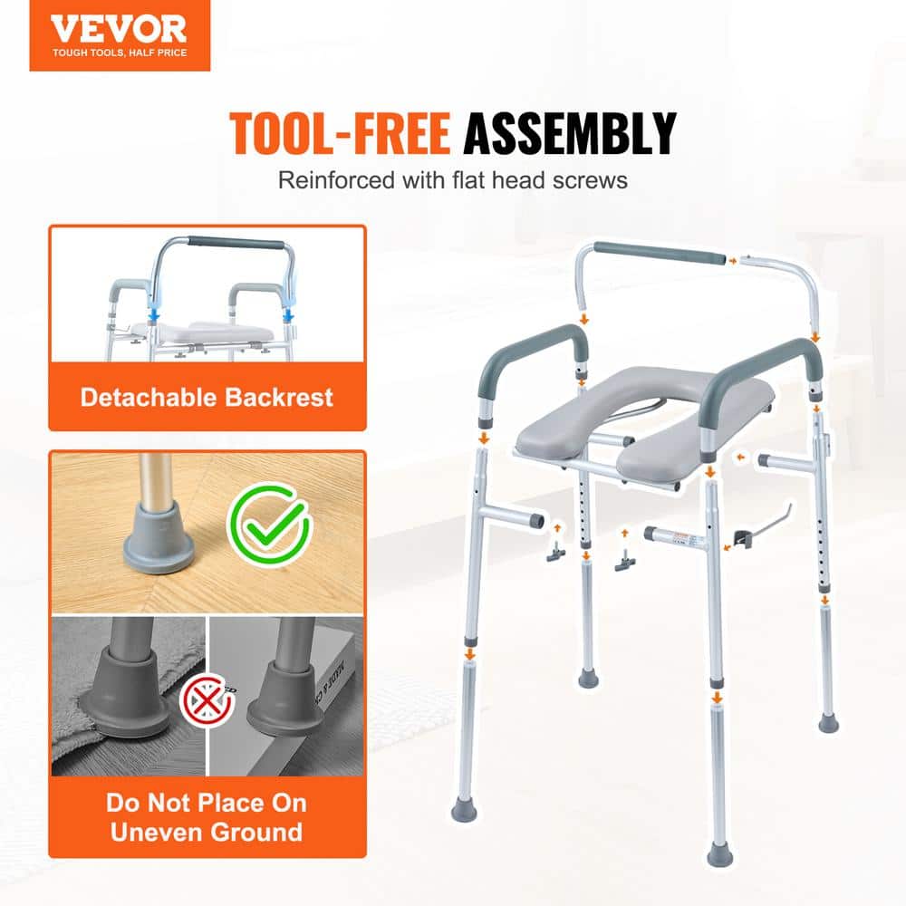 Adjustable Height Steel Bedside Commode Chair with Padded Seat