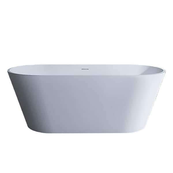 67 in. x 30 in. Freestanding Solid Surface Soaking Bathtub in Matte White with Flat Edge Design and Center Drain