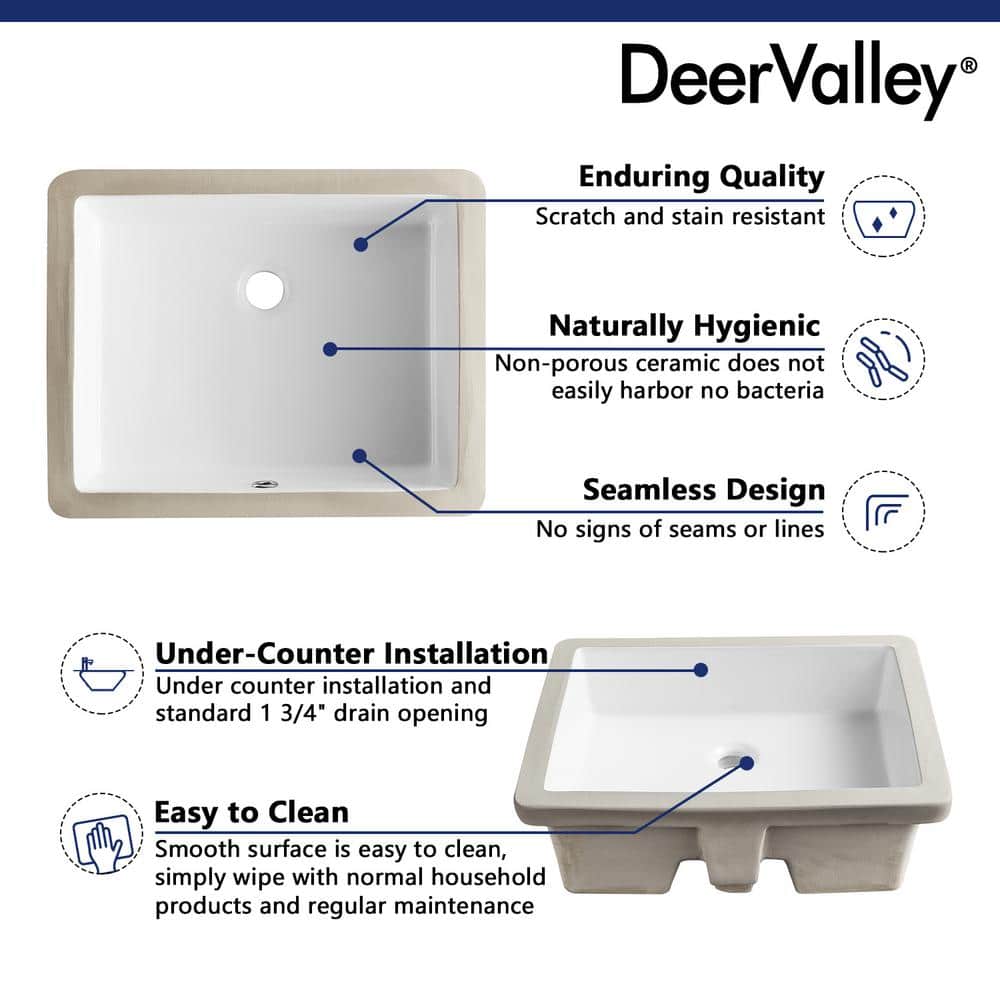 White Ceramic Rectangular Undermount Bathroom Sink with Overflow