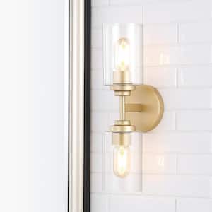 Giles 16 in. 2-Light Brass Gold Farmhouse Industrial Iron Cylinder LED Wall Sconce Vanity Light