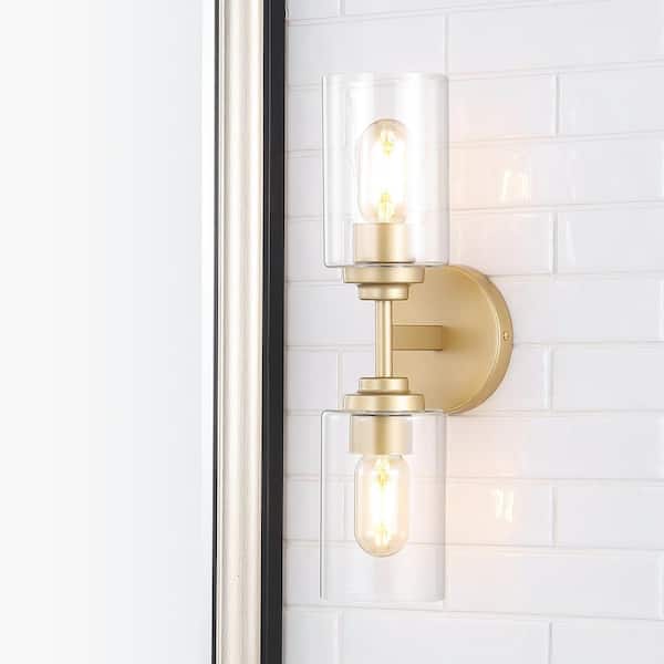 JONATHAN Y Giles 16 in. 2-Light Brass Gold Farmhouse Industrial Iron Cylinder LED Wall Sconce Vanity Light