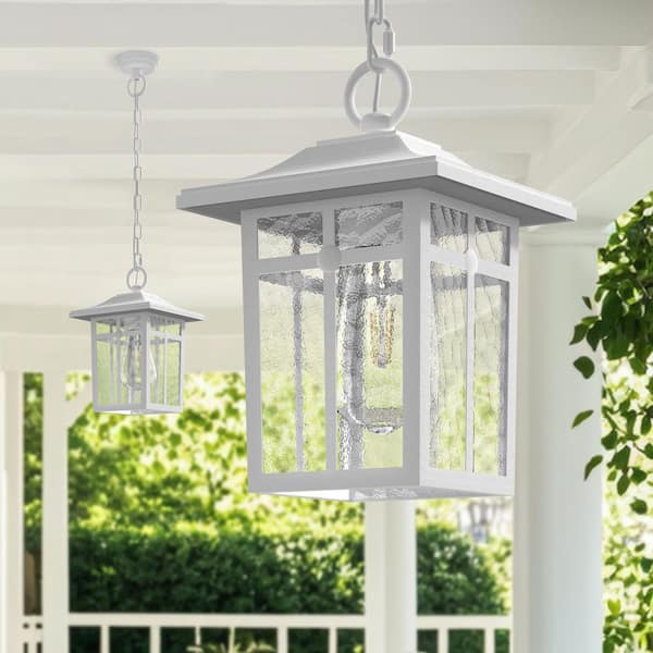 Kiyani 10.7 in. 1-Light Matte White Outdoor Aluminum Hammered Glass Exterior Front Porch Pendant Light, ETL Listed