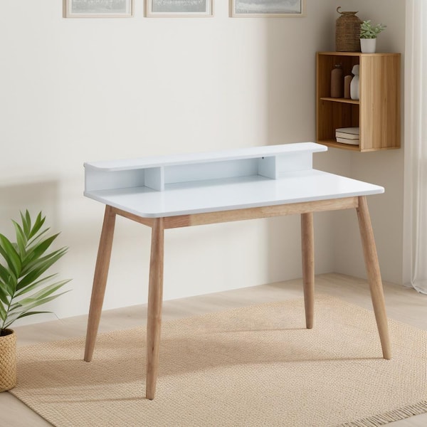 Noble House Aquos 43 in. Rectangular White Rubber Wood Desk with Hutch