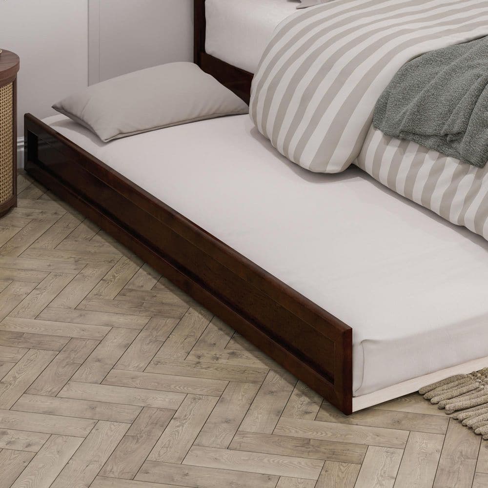 Walnut Queen Wood Platform Bed with Trundle and Headboard